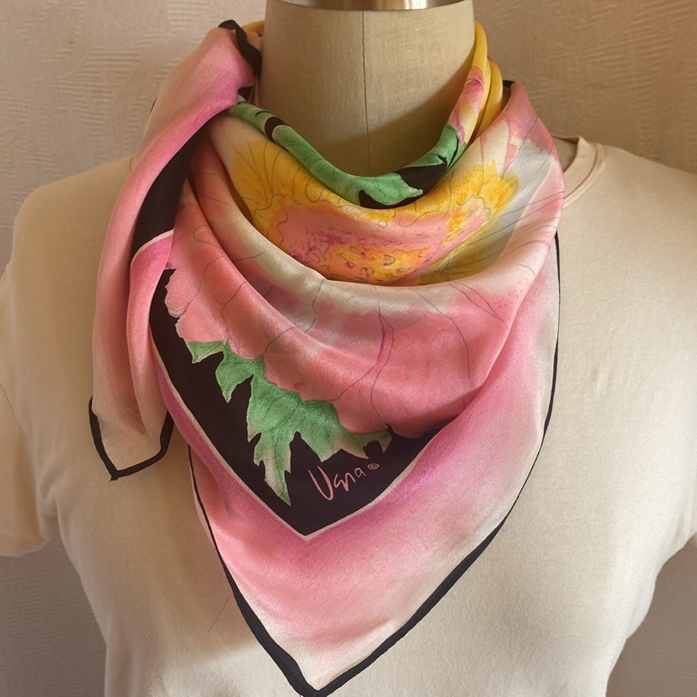 Vtg pure Silk Vera pink, yellow , green and black square scarf.